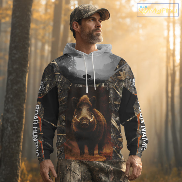 Boar Hunting Shirt Brown Camouflage Hoodie, Long Sleeve Custom Name For Men NBT247