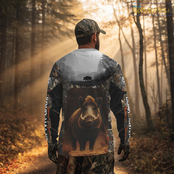Boar Hunting Shirt Brown Camouflage Hoodie, Long Sleeve Custom Name For Men NBT247