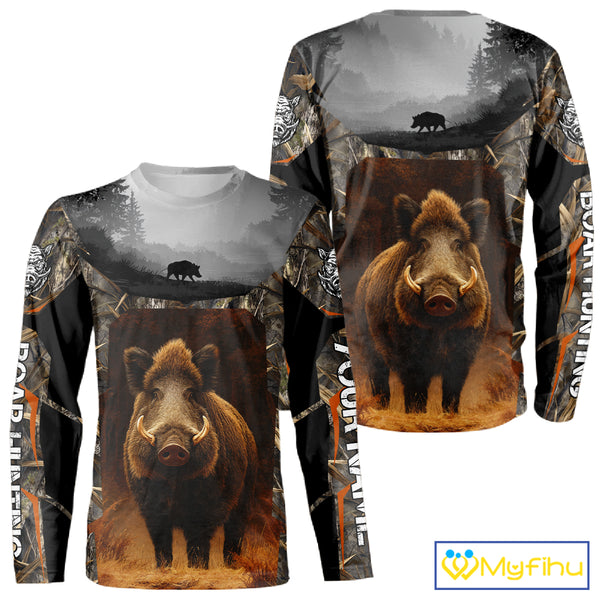 Boar Hunting Shirt Brown Camouflage Hoodie, Long Sleeve Custom Name For Men NBT247