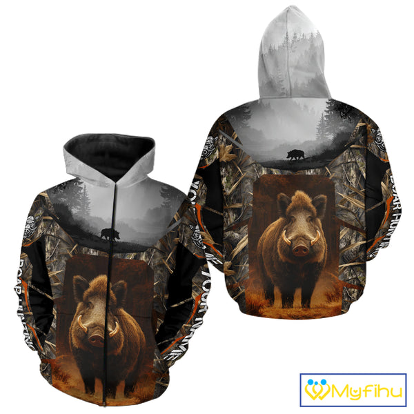Boar Hunting Shirt Brown Camouflage Hoodie, Long Sleeve Custom Name For Men NBT247