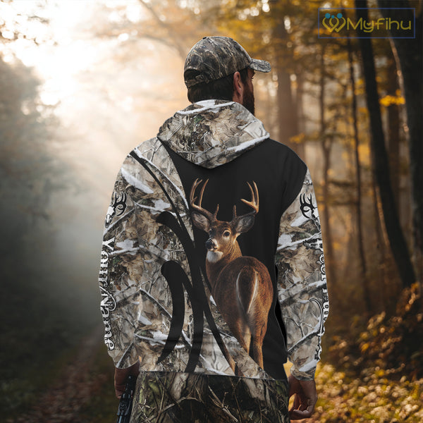 Personalized Whitetail Deer Hunting 3D All Over Printed Hoodie Winter Camo Long Sleeve for Men, Women NBT296