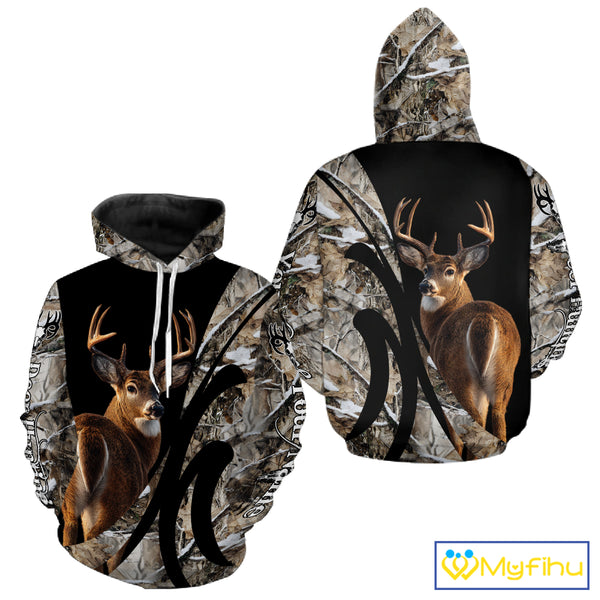 Personalized Whitetail Deer Hunting 3D All Over Printed Hoodie Winter Camo Long Sleeve for Men, Women NBT296