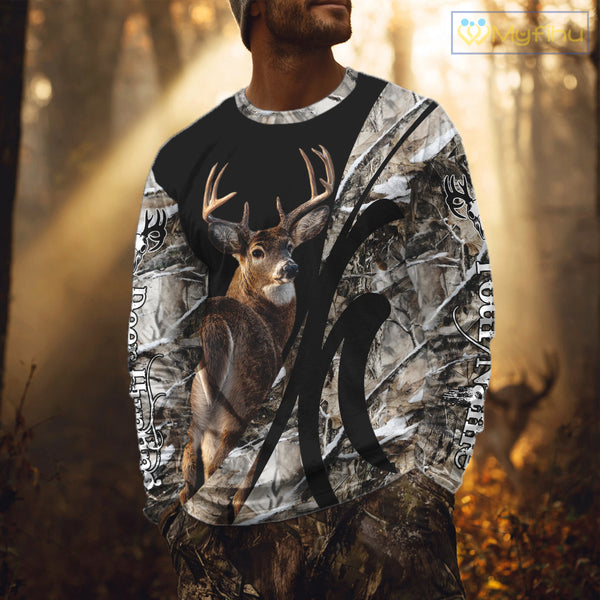 Personalized Whitetail Deer Hunting 3D All Over Printed Hoodie Winter Camo Long Sleeve for Men, Women NBT296