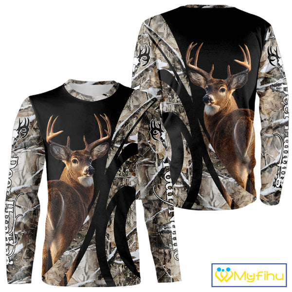 Personalized Whitetail Deer Hunting 3D All Over Printed Hoodie Winter Camo Long Sleeve for Men, Women NBT296