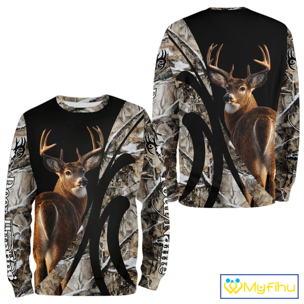Personalized Whitetail Deer Hunting 3D All Over Printed Hoodie Winter Camo Long Sleeve for Men, Women NBT296