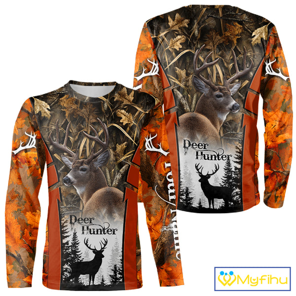 Customized Name Whitetail Deer Hunting Orange Camo Hoodie 3D Shirt, Gift for Hunters NBT297