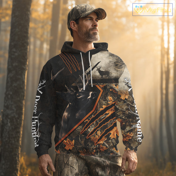 Whitetail Deer Hunting Clothes Custom Name Hoodie Autumn Leaves Camo Hunting Long Sleeve Shirt NBT298
