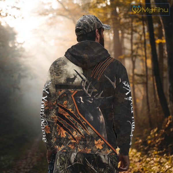 Whitetail Deer Hunting Clothes Custom Name Hoodie Autumn Leaves Camo Hunting Long Sleeve Shirt NBT298