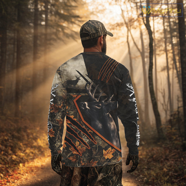Whitetail Deer Hunting Clothes Custom Name Hoodie Autumn Leaves Camo Hunting Long Sleeve Shirt NBT298