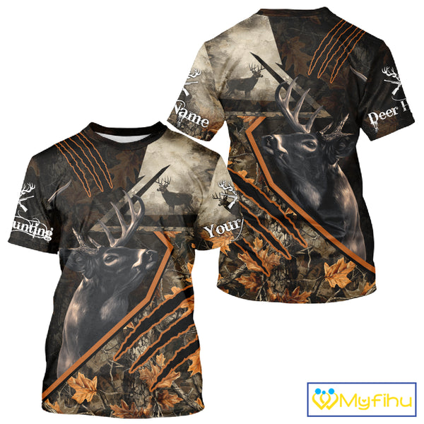 Whitetail Deer Hunting Clothes Custom Name Hoodie Autumn Leaves Camo Hunting Long Sleeve Shirt NBT298