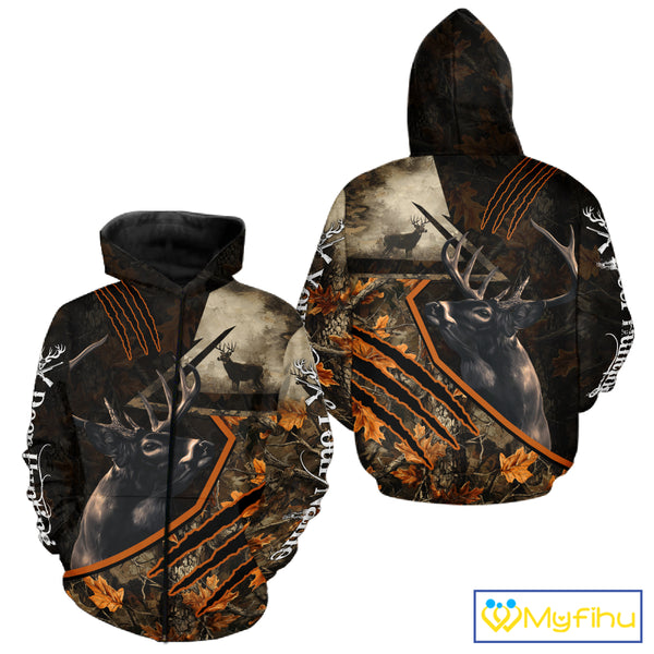 Whitetail Deer Hunting Clothes Custom Name Hoodie Autumn Leaves Camo Hunting Long Sleeve Shirt NBT298