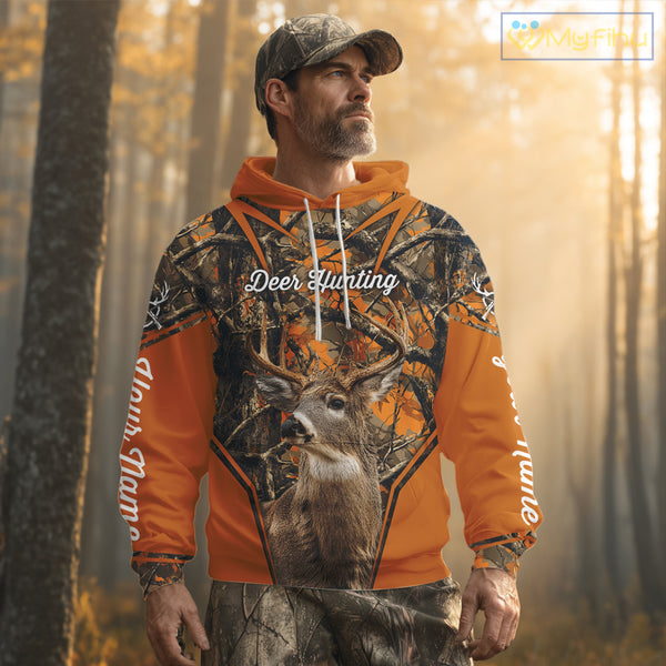 Whitetail Deer Hunting 3D Full Orange Camo Shirt Custom Name Best Gift for Hunters NBT249