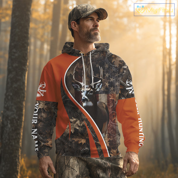 Custom Whitetail Deer Hunting Shirt 3D All Over Print with Orange Camo US Flag Hunting Gifts NBT253