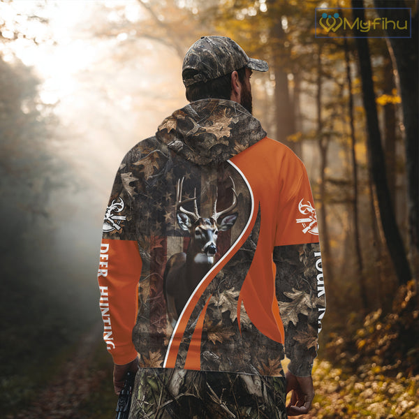 Custom Whitetail Deer Hunting Shirt 3D All Over Print with Orange Camo US Flag Hunting Gifts NBT253