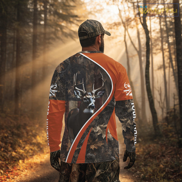 Custom Whitetail Deer Hunting Shirt 3D All Over Print with Orange Camo US Flag Hunting Gifts NBT253