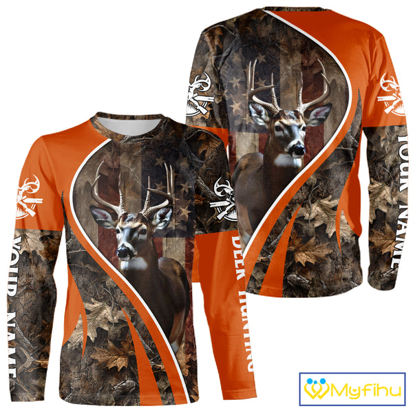 Custom Whitetail Deer Hunting Shirt 3D All Over Print with Orange Camo US Flag Hunting Gifts NBT253