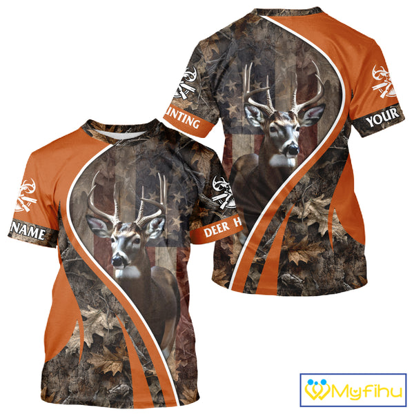 Custom Whitetail Deer Hunting Shirt 3D All Over Print with Orange Camo US Flag Hunting Gifts NBT253