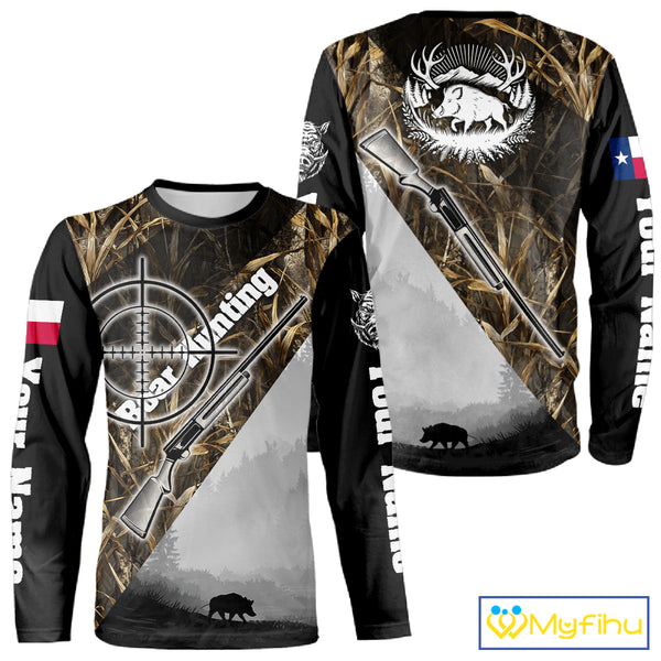 Wild Boar Hunting with Texas Flag and Scope 3D Custom Name Shirts, Boar Gifts for Hunters NBT173