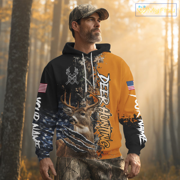 Whitetail Deer Hunting Orange Forest Camo US Flag Shirts, Personalized Hunting Shirt NBT258