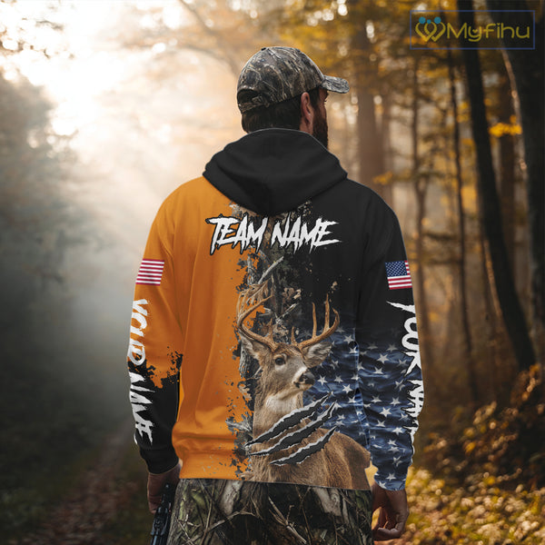 Whitetail Deer Hunting Orange Forest Camo US Flag Shirts, Personalized Hunting Shirt NBT258