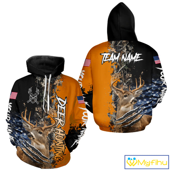 Whitetail Deer Hunting Orange Forest Camo US Flag Shirts, Personalized Hunting Shirt NBT258