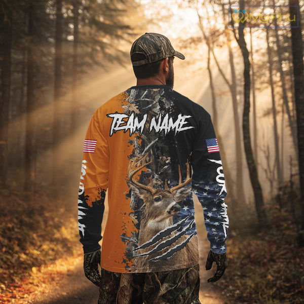 Whitetail Deer Hunting Orange Forest Camo US Flag Shirts, Personalized Hunting Shirt NBT258