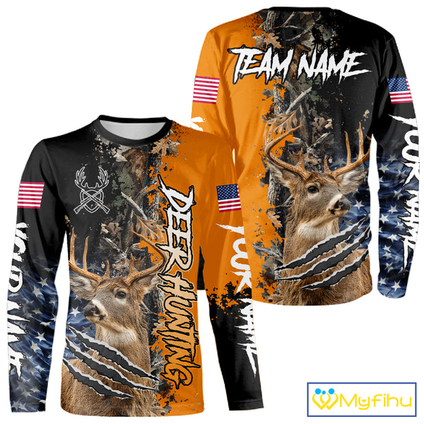 Whitetail Deer Hunting Orange Forest Camo US Flag Shirts, Personalized Hunting Shirt NBT258
