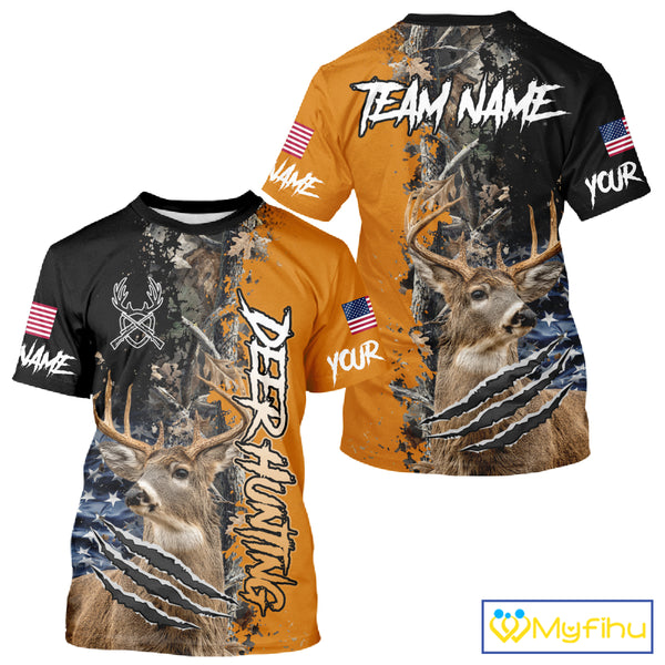 Whitetail Deer Hunting Orange Forest Camo US Flag Shirts, Personalized Hunting Shirt NBT258
