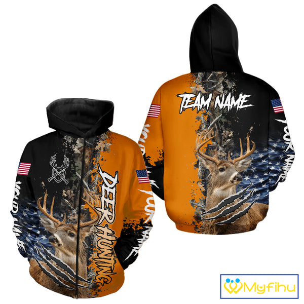 Whitetail Deer Hunting Orange Forest Camo US Flag Shirts, Personalized Hunting Shirt NBT258