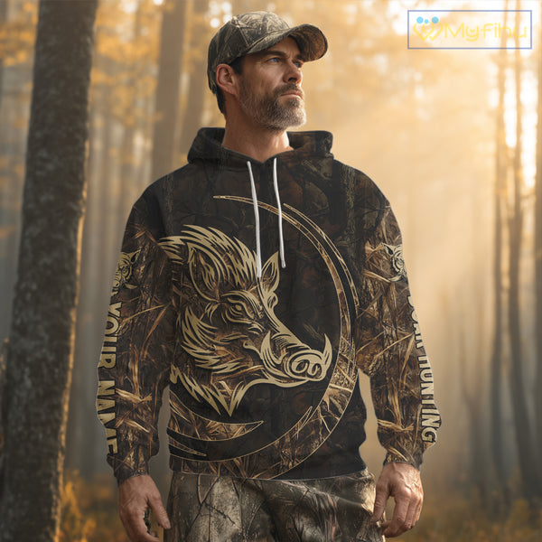 Best Brown Camo Boar Hunting Clothes Custom Name Boar Design Hunting Gifts for Hunter NBT183