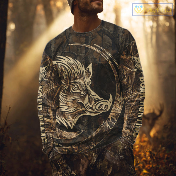 Best Brown Camo Boar Hunting Clothes Custom Name Boar Design Hunting Gifts for Hunter NBT183