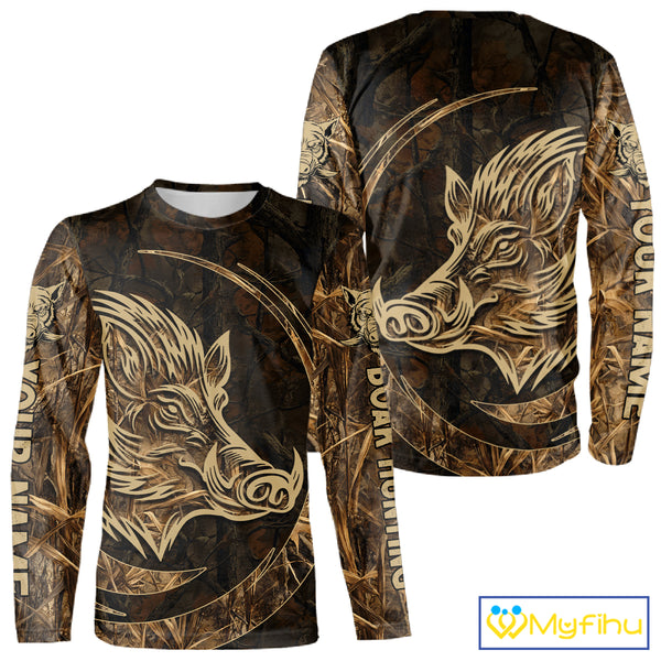 Best Brown Camo Boar Hunting Clothes Custom Name Boar Design Hunting Gifts for Hunter NBT183