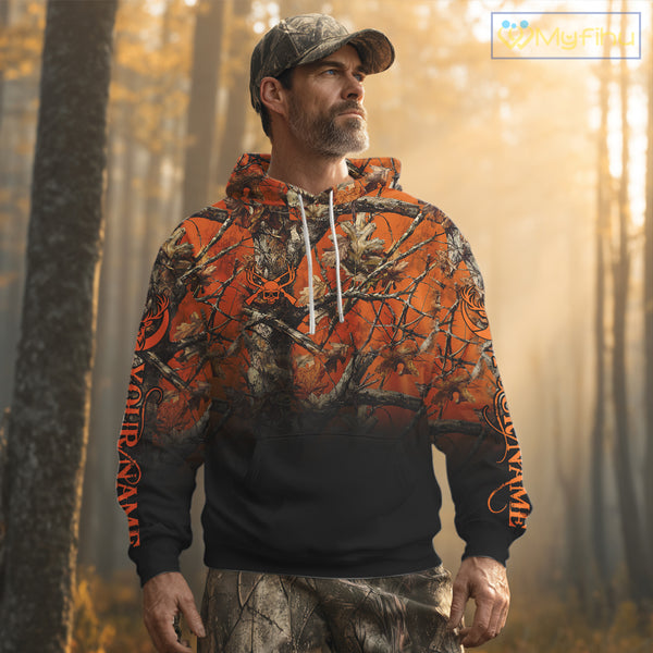 Best Orange Camouflage Deer Hunting Custom Name US Flag Shirts, Deer Hunting Clothes NBT93
