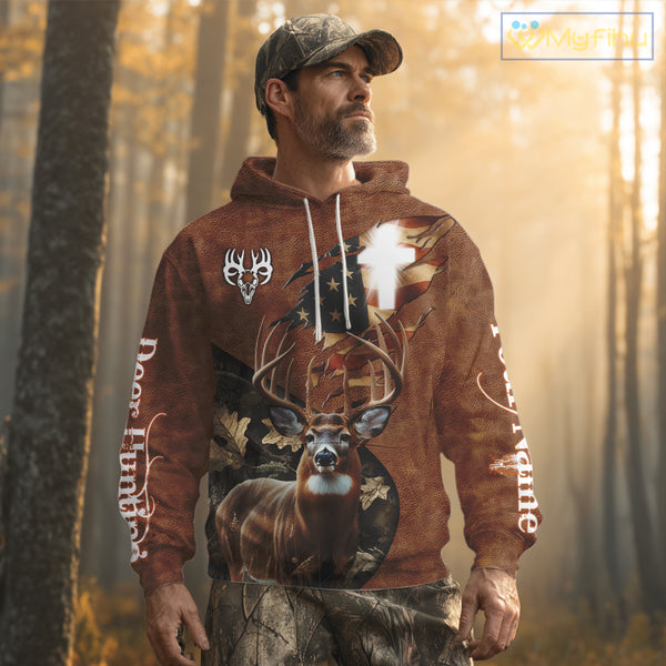Whitetail Deer Hunting Leather Pattern US Flag Camouflage Custom Name 3D Shirts for Men NBT262