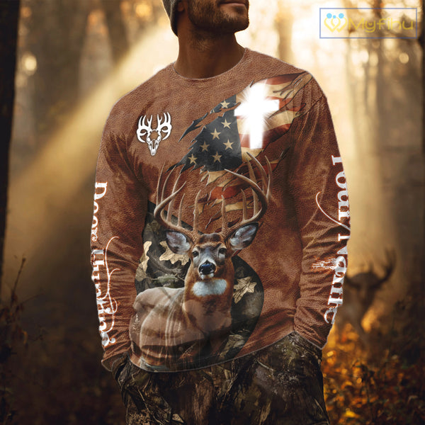 Whitetail Deer Hunting Leather Pattern US Flag Camouflage Custom Name 3D Shirts for Men NBT262