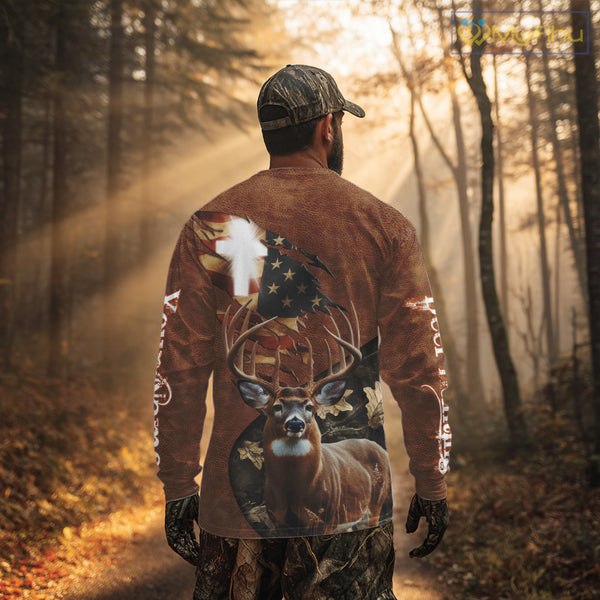 Whitetail Deer Hunting Leather Pattern US Flag Camouflage Custom Name 3D Shirts for Men NBT262