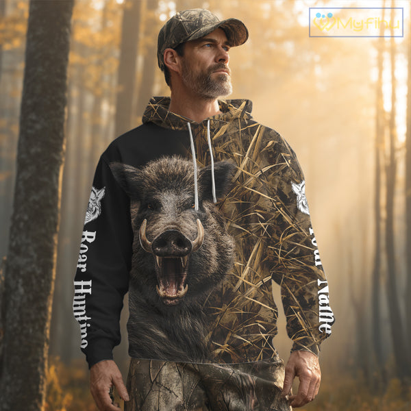 Custom Boar Hunting Brown Camo Shirts for Men, Hunting Gifts, Camouflage Boar Hunting Shirt NBT267