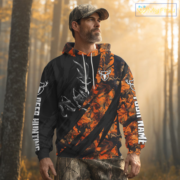 Personalized Deer Hunting Shirt with Antler 3D All Over Print Orange Camo Hunting Clothes NBT271