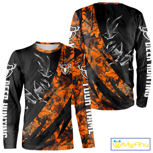 Personalized Deer Hunting Shirt with Antler 3D All Over Print Orange Camo Hunting Clothes NBT271