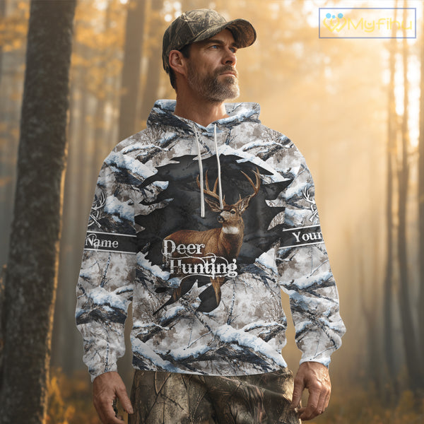 Whitetail Deer Hunting Shirts Custom Name Snow Camo, Deer Season Hunting Clothes For Men NBT273