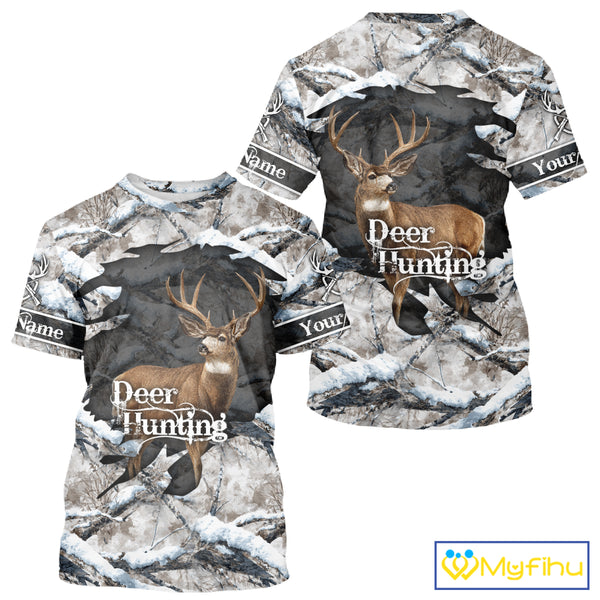 Whitetail Deer Hunting Shirts Custom Name Snow Camo, Deer Season Hunting Clothes For Men NBT273