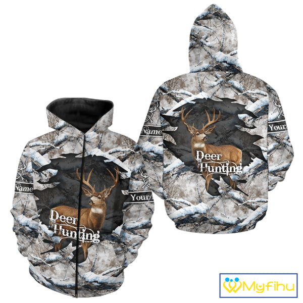 Whitetail Deer Hunting Shirts Custom Name Snow Camo, Deer Season Hunting Clothes For Men NBT273
