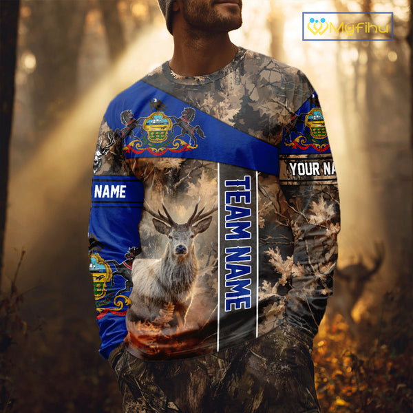 Pennsylvania Flag Deer Hunting Hoodie, Longsleeve Shirt, Brown Camo Custom Name NBT05