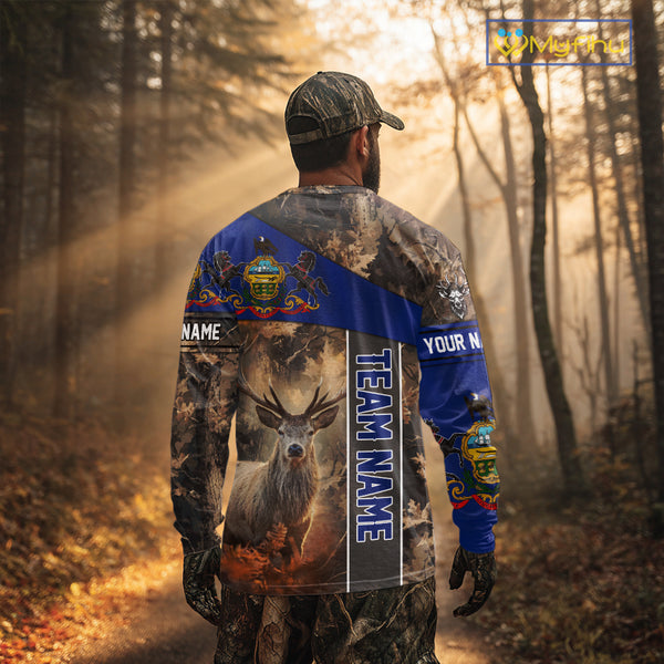 Pennsylvania Flag Deer Hunting Hoodie, Longsleeve Shirt, Brown Camo Custom Name NBT05