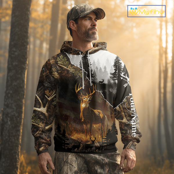 Whitetail Deer Hunting US Flag Camouflage Custom 3D Shirts, Personalized Deer Hunting Shirt NBT196