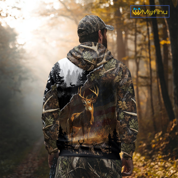 Whitetail Deer Hunting US Flag Camouflage Custom 3D Shirts, Personalized Deer Hunting Shirt NBT196