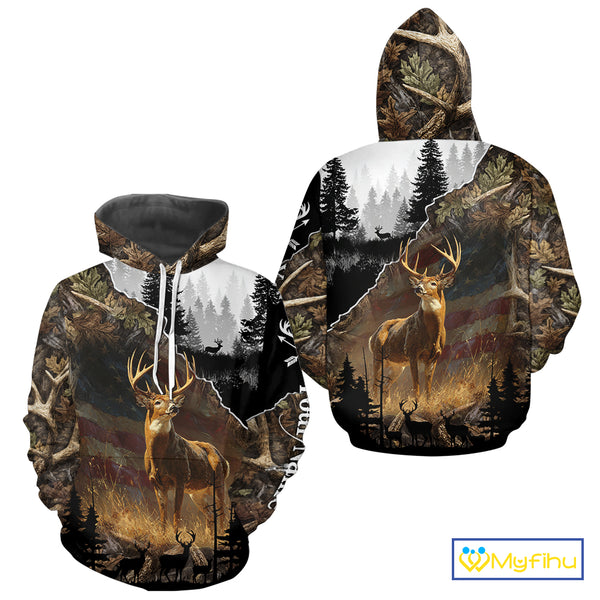 Whitetail Deer Hunting US Flag Camouflage Custom 3D Shirts, Personalized Deer Hunting Shirt NBT196