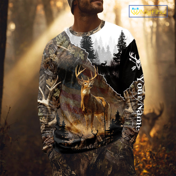 Whitetail Deer Hunting US Flag Camouflage Custom 3D Shirts, Personalized Deer Hunting Shirt NBT196