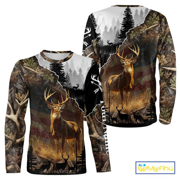 Whitetail Deer Hunting US Flag Camouflage Custom 3D Shirts, Personalized Deer Hunting Shirt NBT196