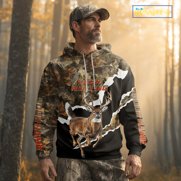 Whitetail Deer Camo Customize Name 3D Printed Long Sleeve Hoodie Hunting Shirts for Men NBT303